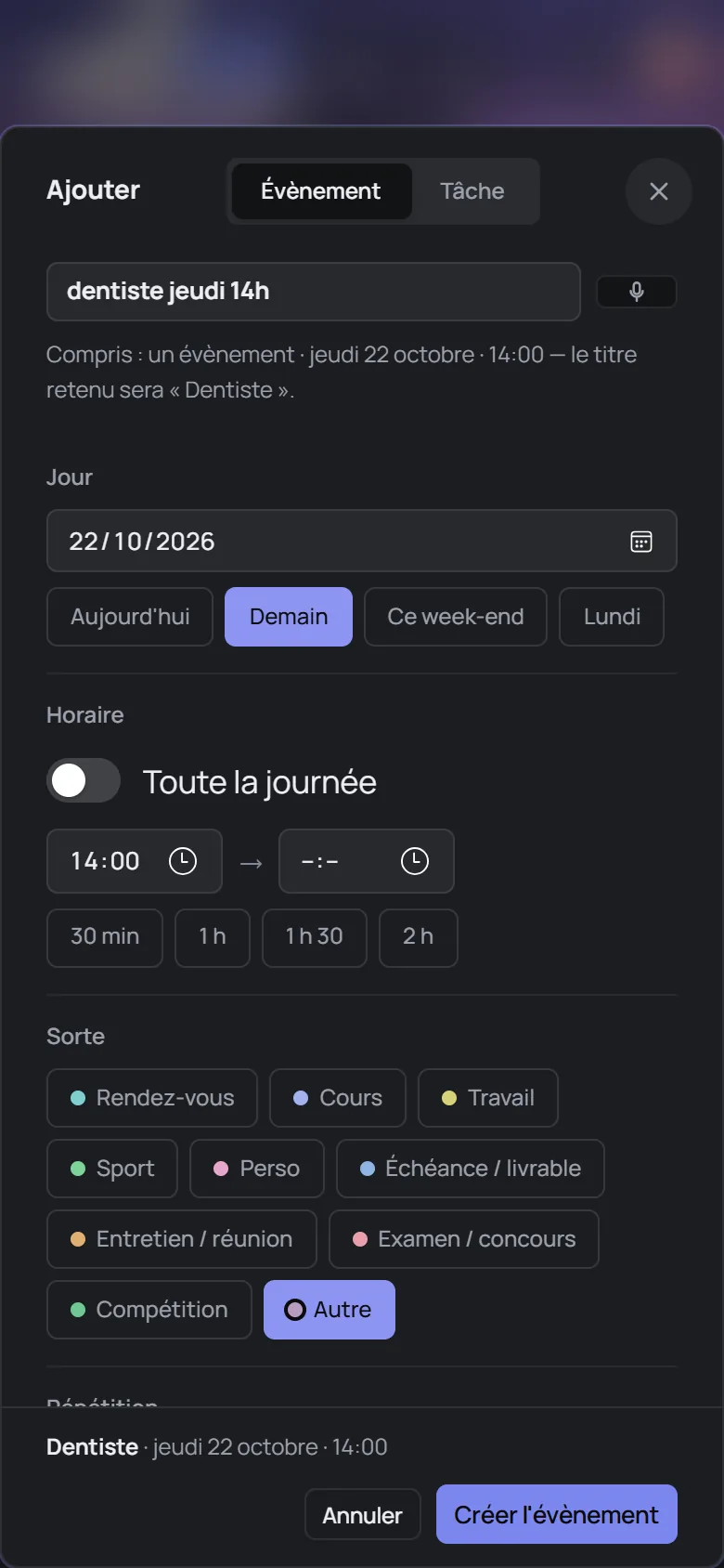 La fenêtre Ajouter : « dentiste jeudi 14h », compris comme un évènement jeudi 22 octobre à 14 h, titre « Dentiste ».