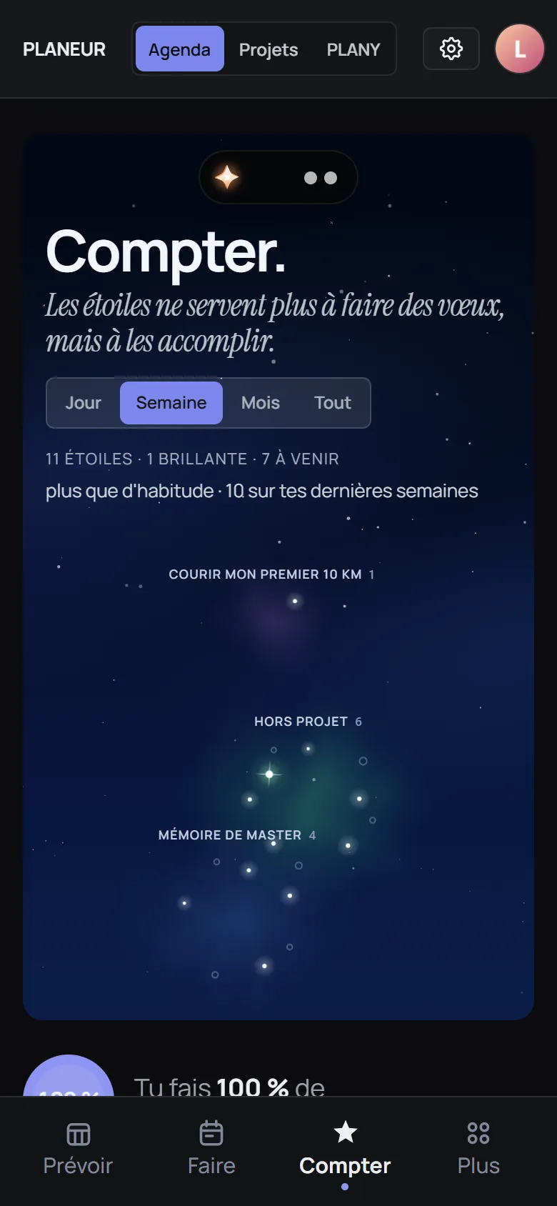 Compter : 11 étoiles cette semaine, regroupées en constellations par projet.
