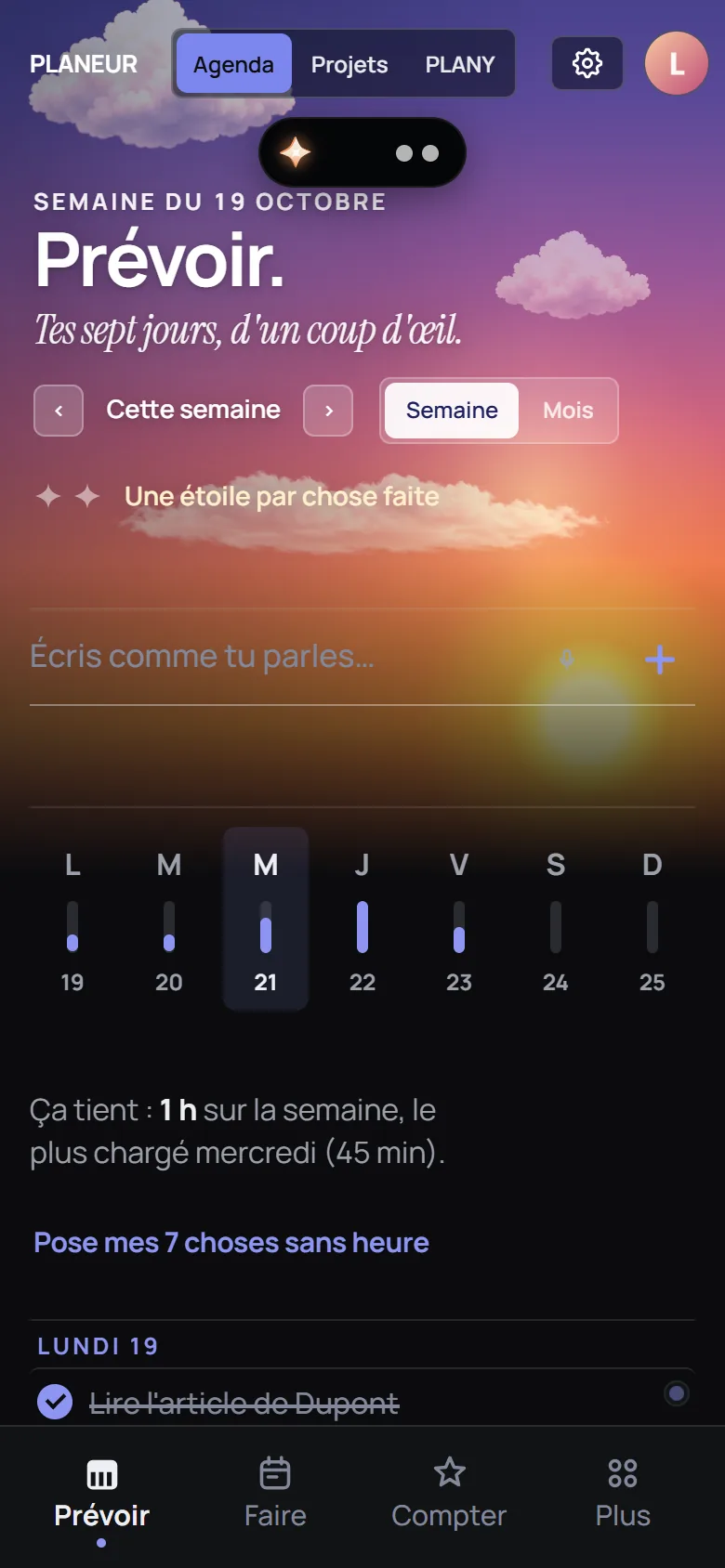 Prévoir : la semaine du 19 octobre, une barre par jour, « Ça tient : 1 h sur la semaine » et « Pose mes 7 choses sans heure ».