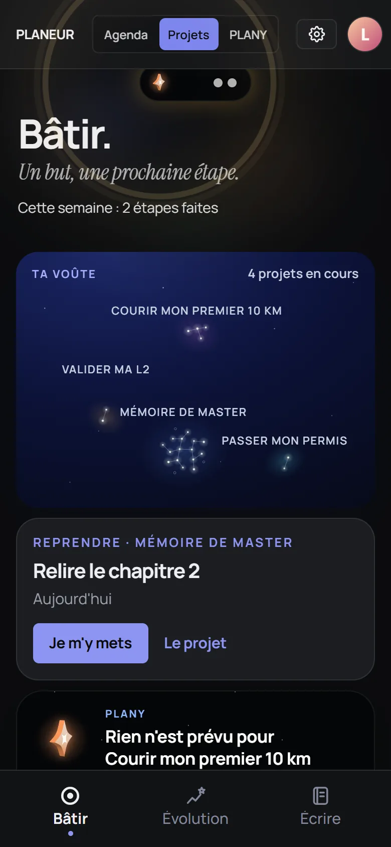Bâtir : la voûte avec 4 projets en cours, puis « Reprendre · Mémoire de master » et « Je m'y mets ».