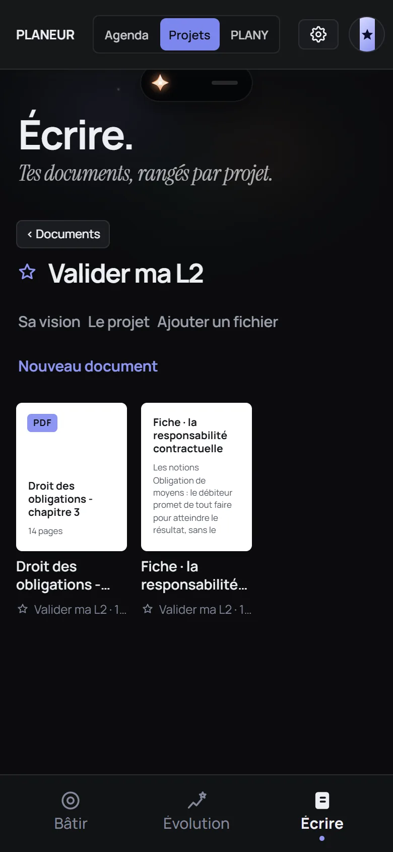 Écrire : le dossier « Valider ma L2 » avec un PDF de 14 pages et une fiche sur la responsabilité contractuelle.