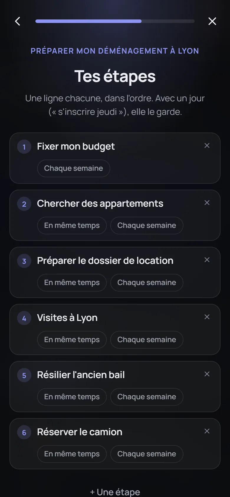 Tes étapes : six lignes, de « Fixer mon budget » à « Réserver le camion », chacune avec « En même temps » et « Chaque semaine ».