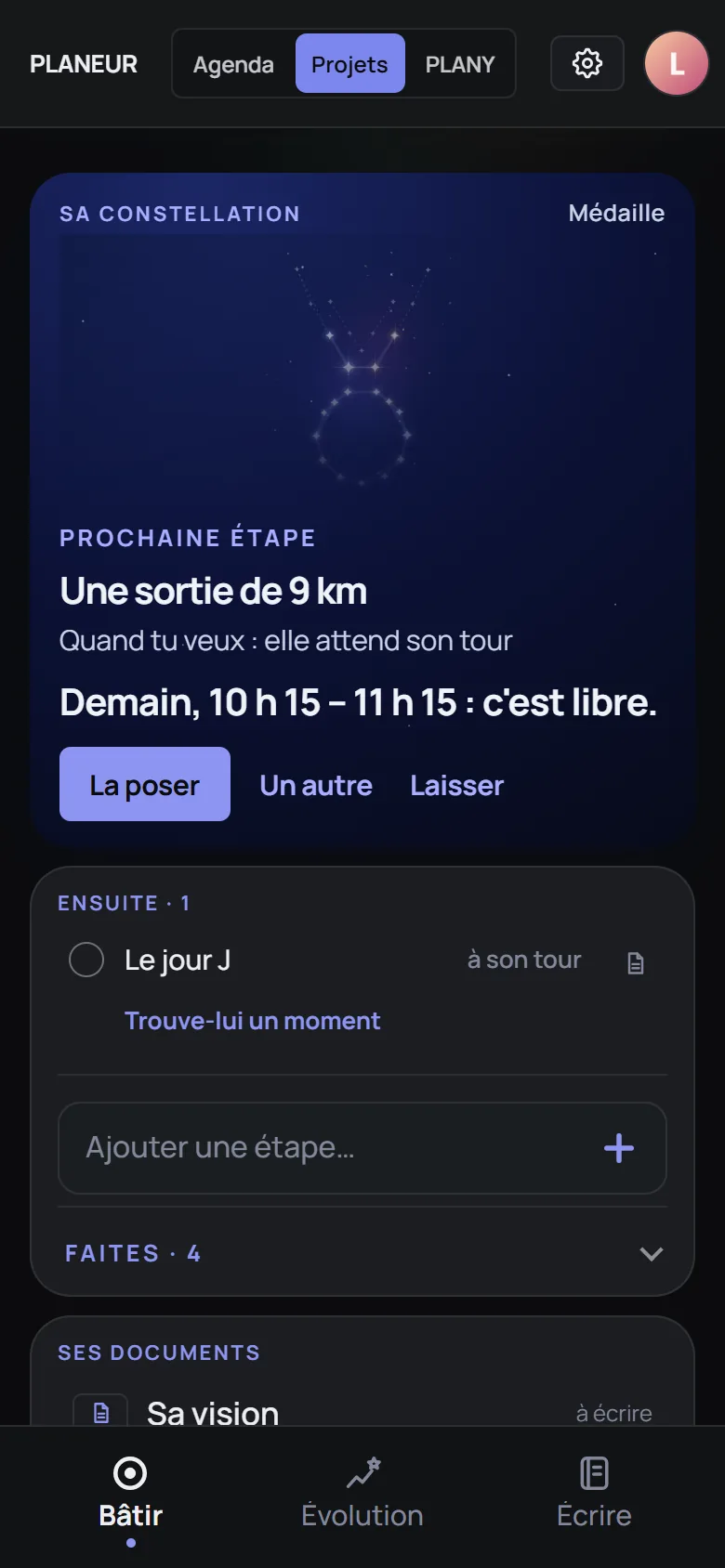 « Trouve-lui un moment » : « Demain, 10 h 15 – 11 h 15 : c'est libre », avec La poser, Un autre et Laisser.
