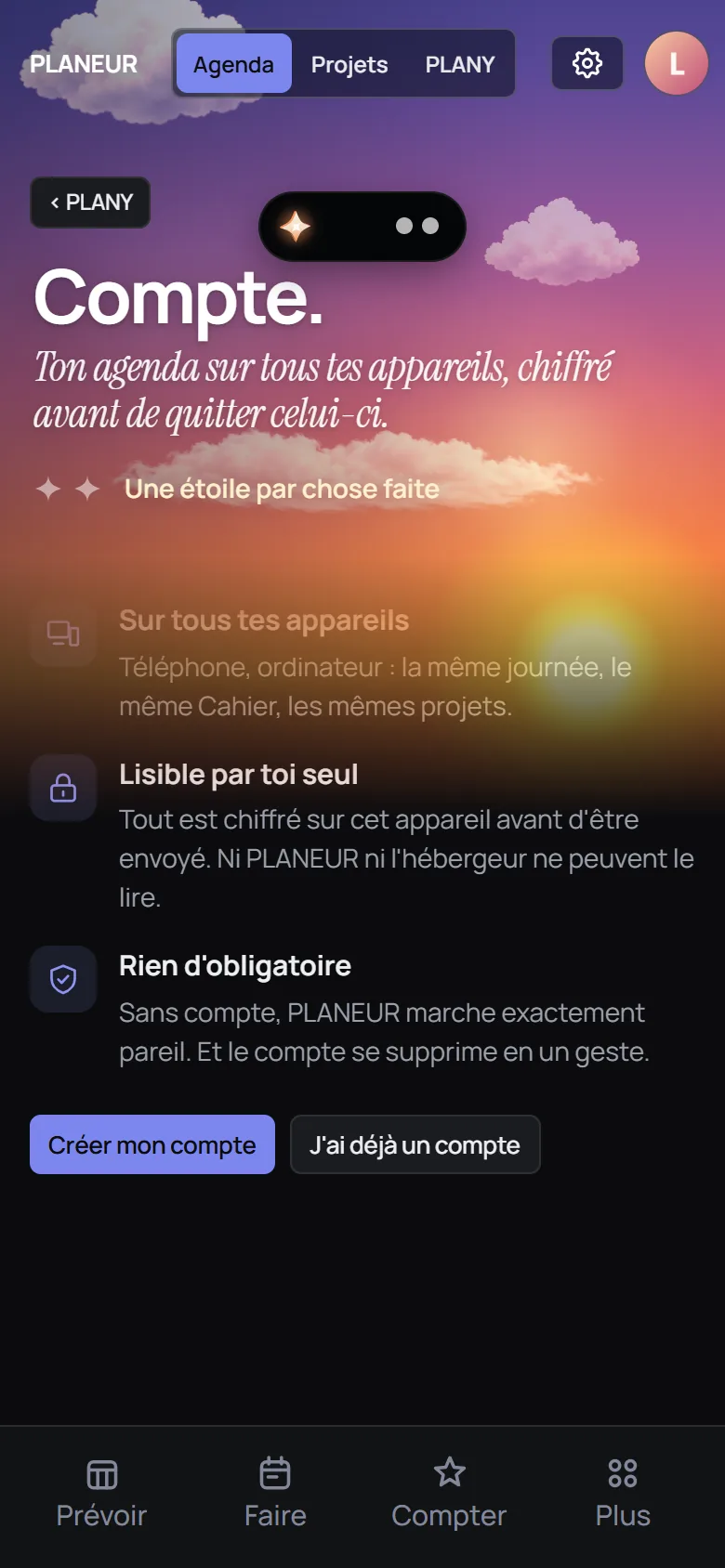 Compte : sur tous tes appareils, lisible par toi seul, rien d'obligatoire, avec Créer mon compte et J'ai déjà un compte.