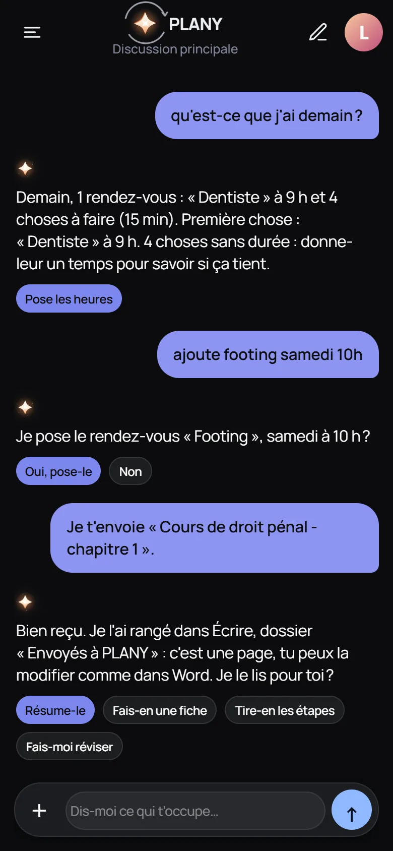 PLANY reçoit « Cours de droit pénal - chapitre 1 » et le range dans Écrire, puis propose Résume-le, Fais-en une fiche, Tire-en les étapes, Fais-moi réviser.
