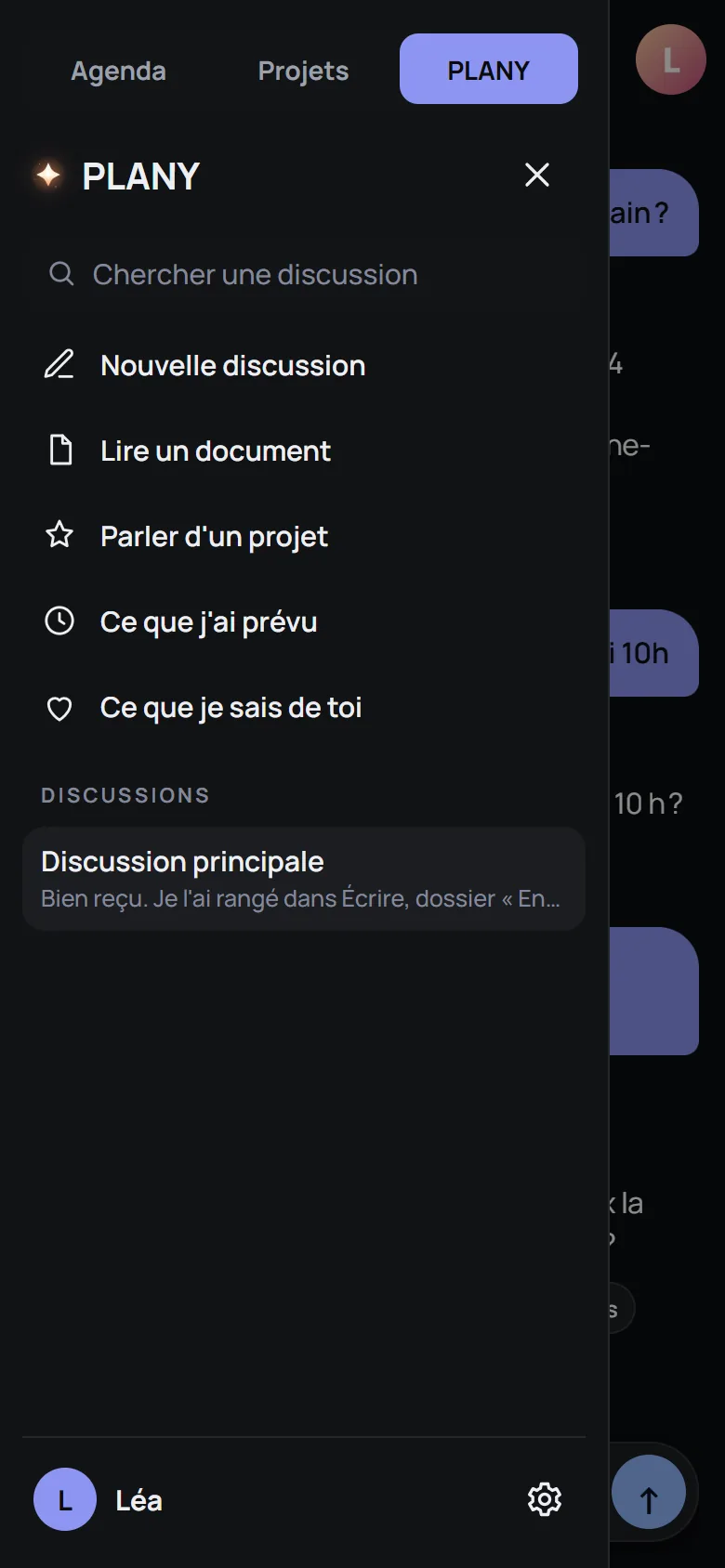 Le tiroir de PLANY : Nouvelle discussion, Lire un document, Parler d'un projet, Ce que j'ai prévu, Ce que je sais de toi, et les discussions.